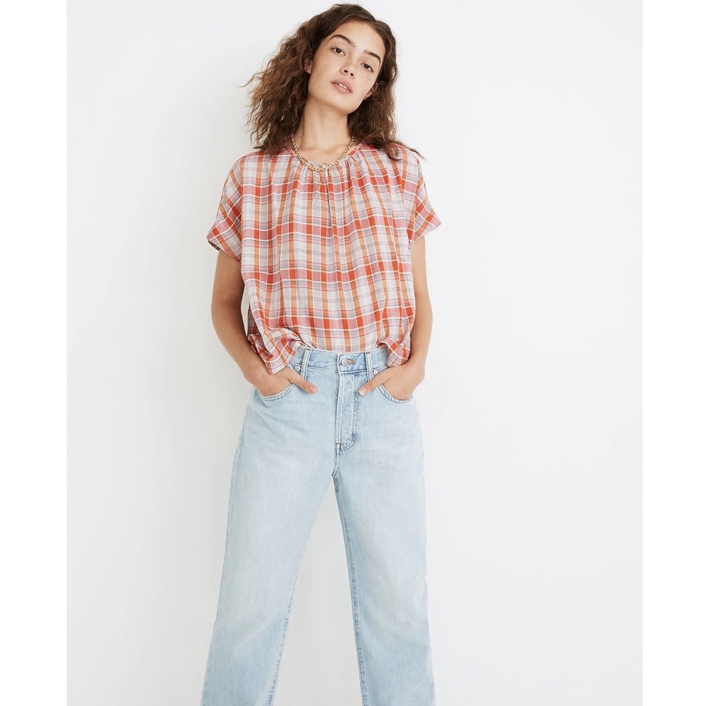 madewell // plaid shirred neck boxy top
